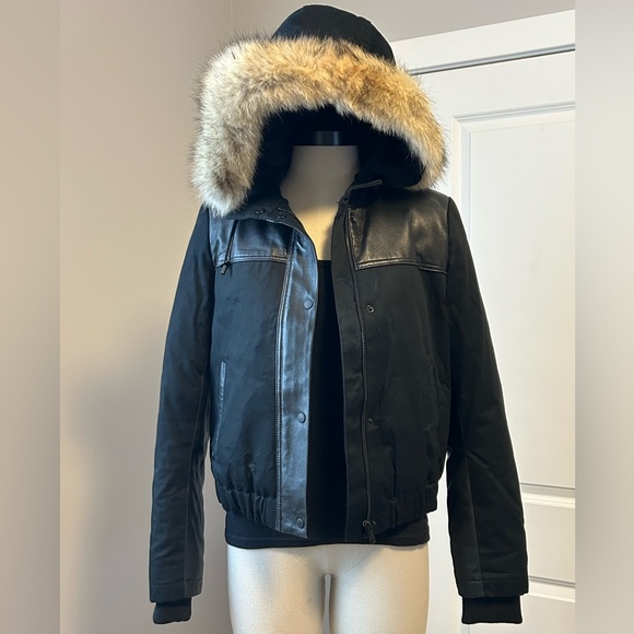 Danier Jackets & Blazers - DANIER Down Filled Leather Accent Bomber w Detachable Coyote Fur Hood Trim